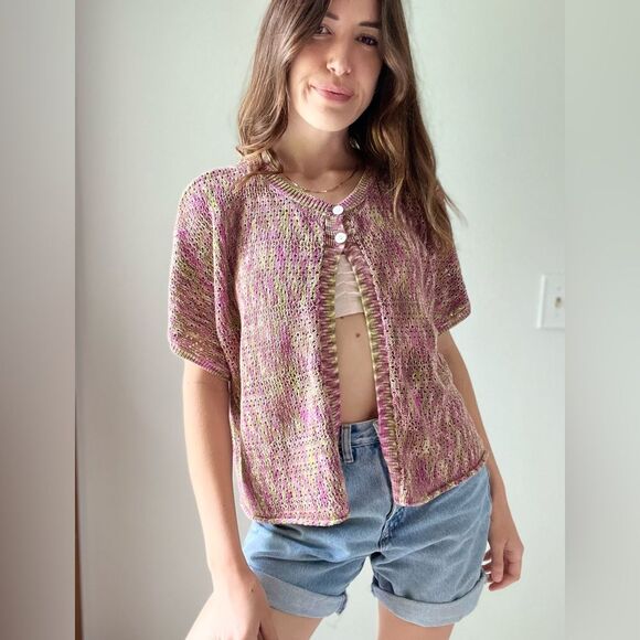 JH COLLECTIBLES Women’s Crochet Knit Cardigan Crop Top Pink Green Sweater 1X - Picture 7 of 13